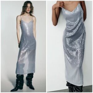 ZARA ~ Women's Blue and Silver Dress